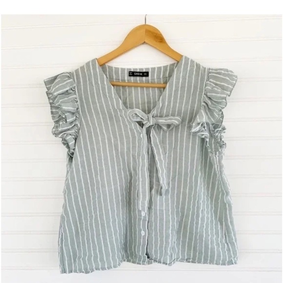 SHEIN Tops - Shein Light Green White Striped Button Blouse Women’s Large